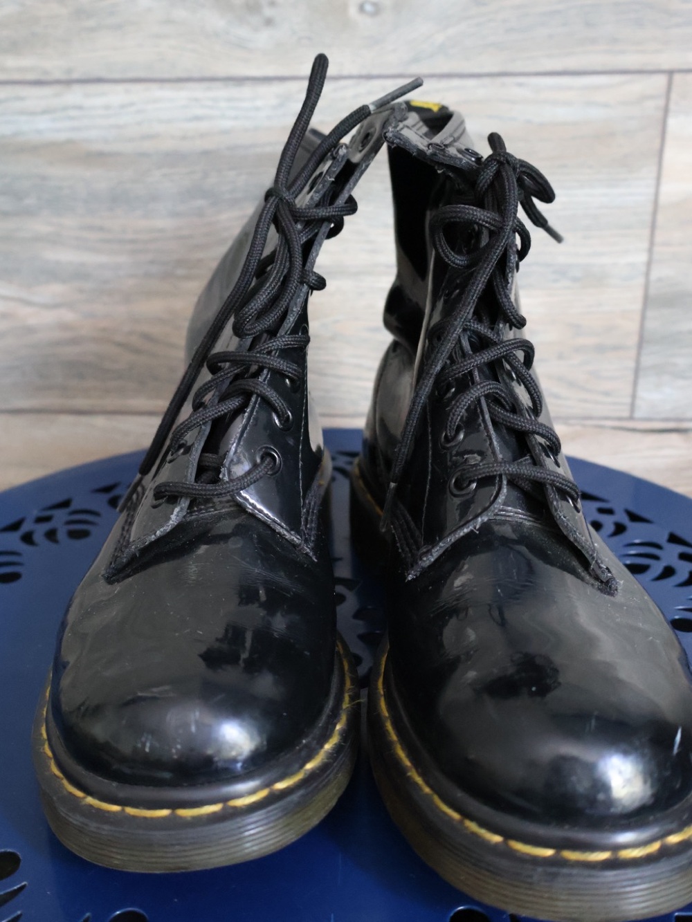 Dr. Martens 1460 Black Patent 8 Eye Lace-Up Boots with classic Yellow Stitching - Picture 2 of 3